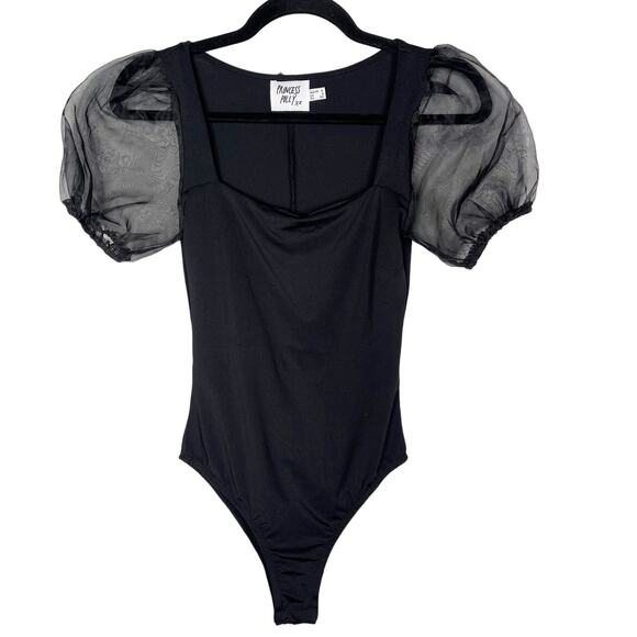 Princess Polly Size 2 Black Puff Sleeve Bodysuit Square Neckline Sheer Stretch - Picture 1 of 12